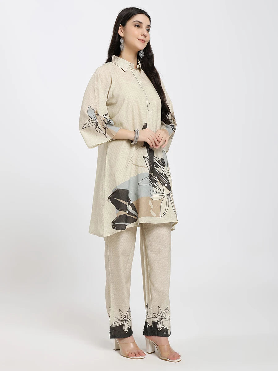 Beige Printed Co-ord Set with Abstract Floral Design