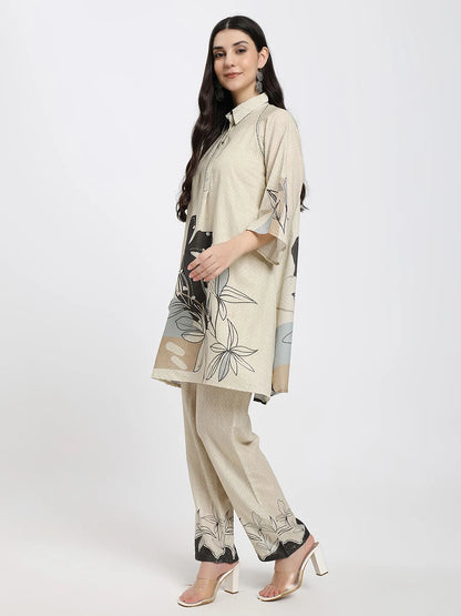 Beige Printed Co-ord Set with Abstract Floral Design