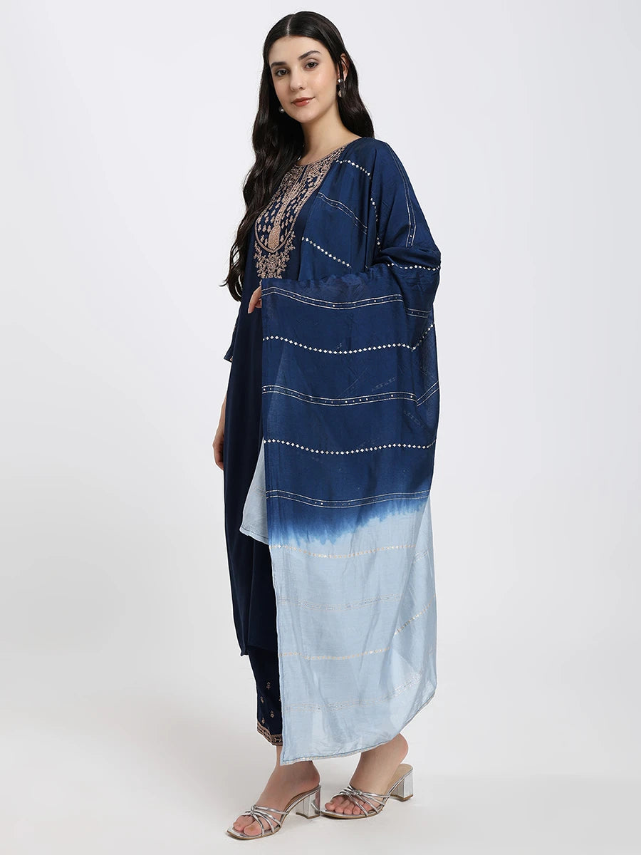 Navy Blue Embroidered Kurta Set with Light Blue Dupatta
