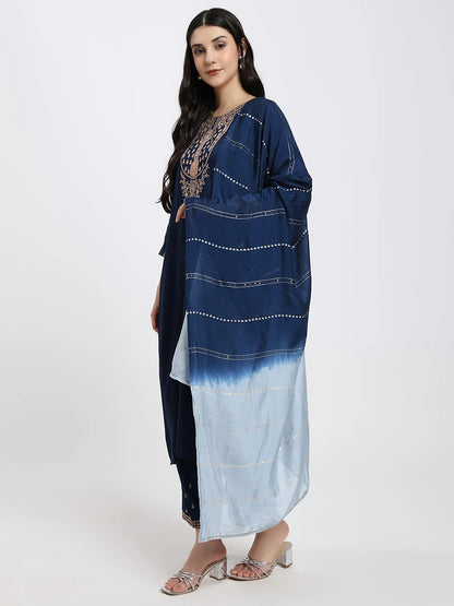 Navy Blue Embroidered Kurta Set with Light Blue Dupatta