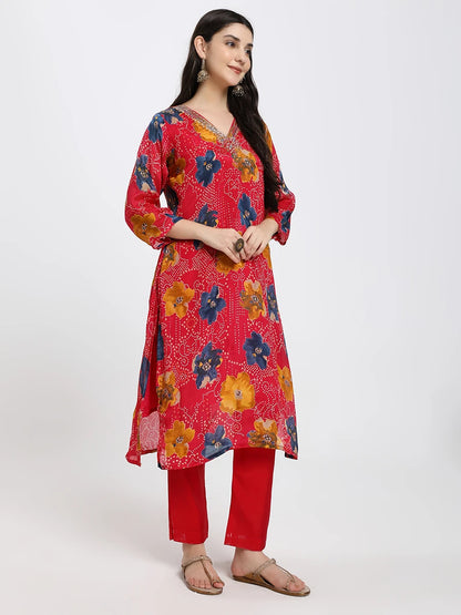 Pink Floral Printed Kurta with Straight Trousers & Solid Dupatta