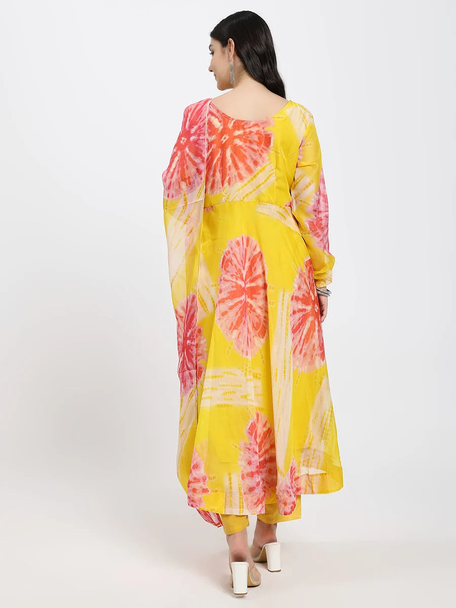 Bright Yellow Anarkali Suit Set with Abstract Floral Print and Dupatta