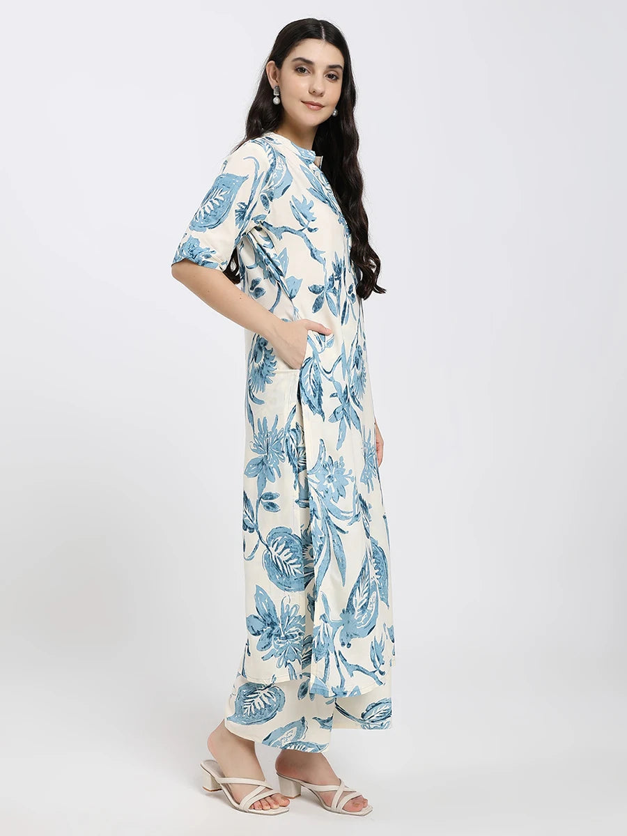 Off-White and Blue Floral Printed Co-ord Set with Kurta and Pants