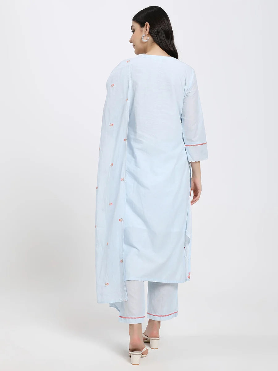 Elegant Sky-Blue Cotton Suit Set with Floral Embroidery and Dupatta