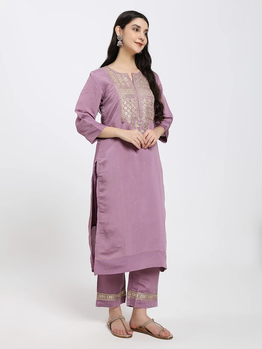 Lavender Kurta Set with Embroidered Trousers and Printed Dupatta