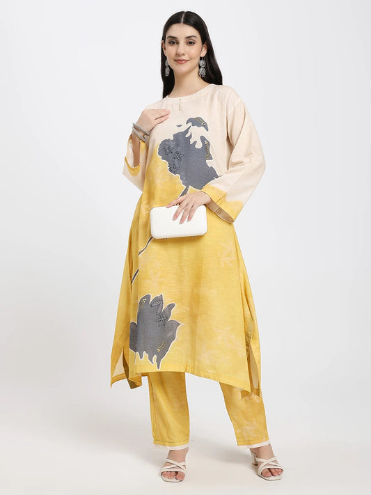 Beige & Mustard Abstract Floral Straight Kurta Set