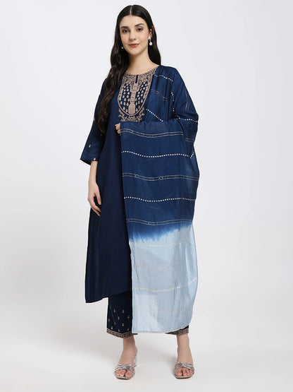 Navy Blue Embroidered Kurta Set with Light Blue Dupatta