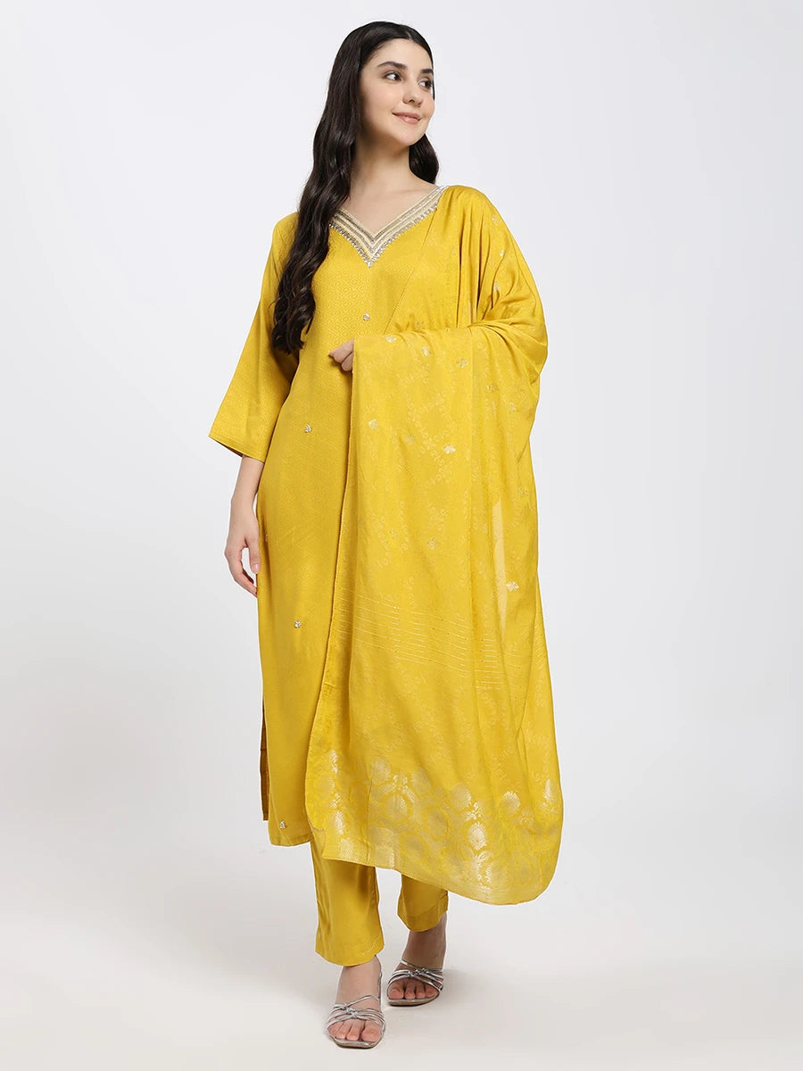 Mustard Yellow Embellished Kurta Set with Dupatta