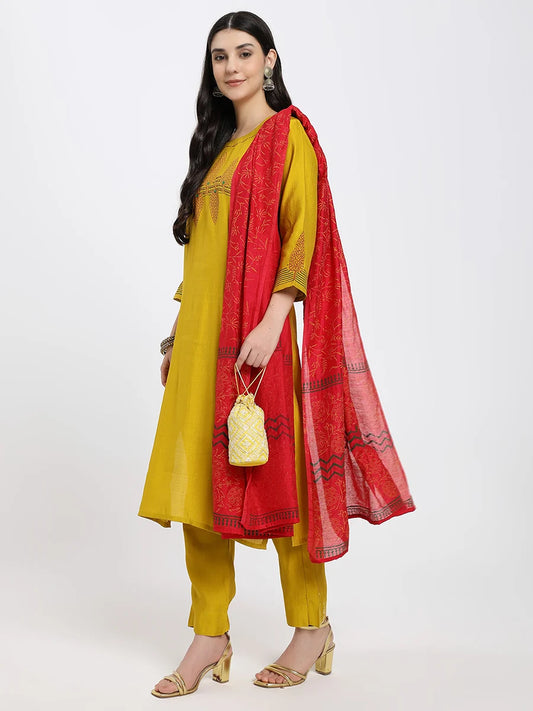 Mustard Yellow Embroidered Kurta Set with Contrasting Red Printed Dupatta