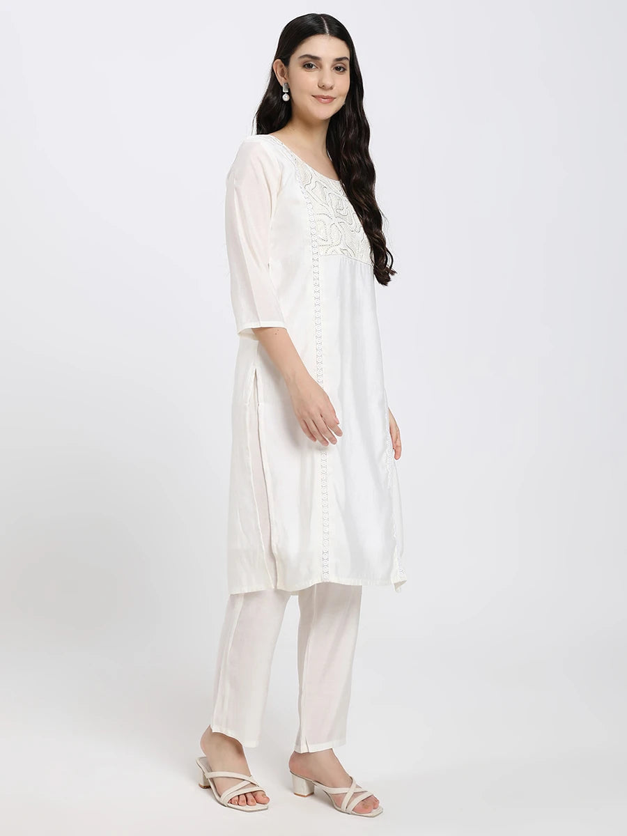 White Embroidered Kurta Set with Blue Printed Dupatta