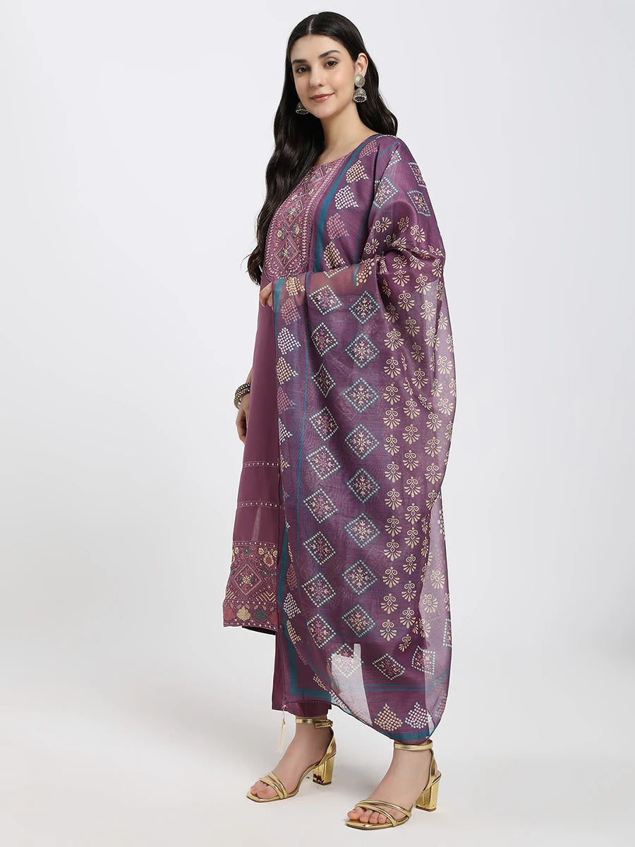 Elegant Purple Embroidered Kurta Set with Printed Dupatta