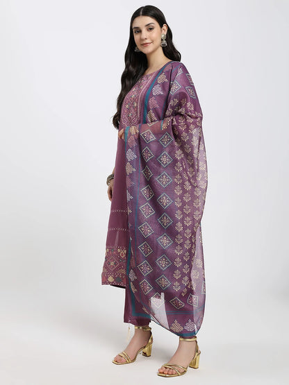 Elegant Purple Embroidered Kurta Set with Printed Dupatta