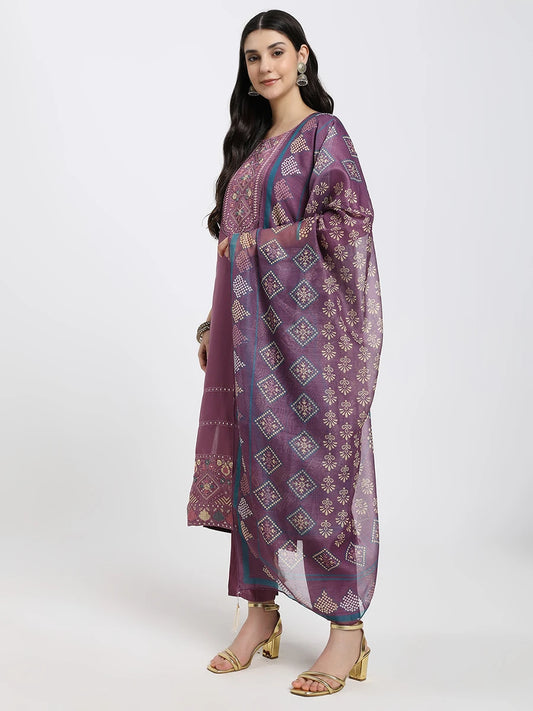 Elegant Purple Embroidered Kurta Set with Printed Dupatta