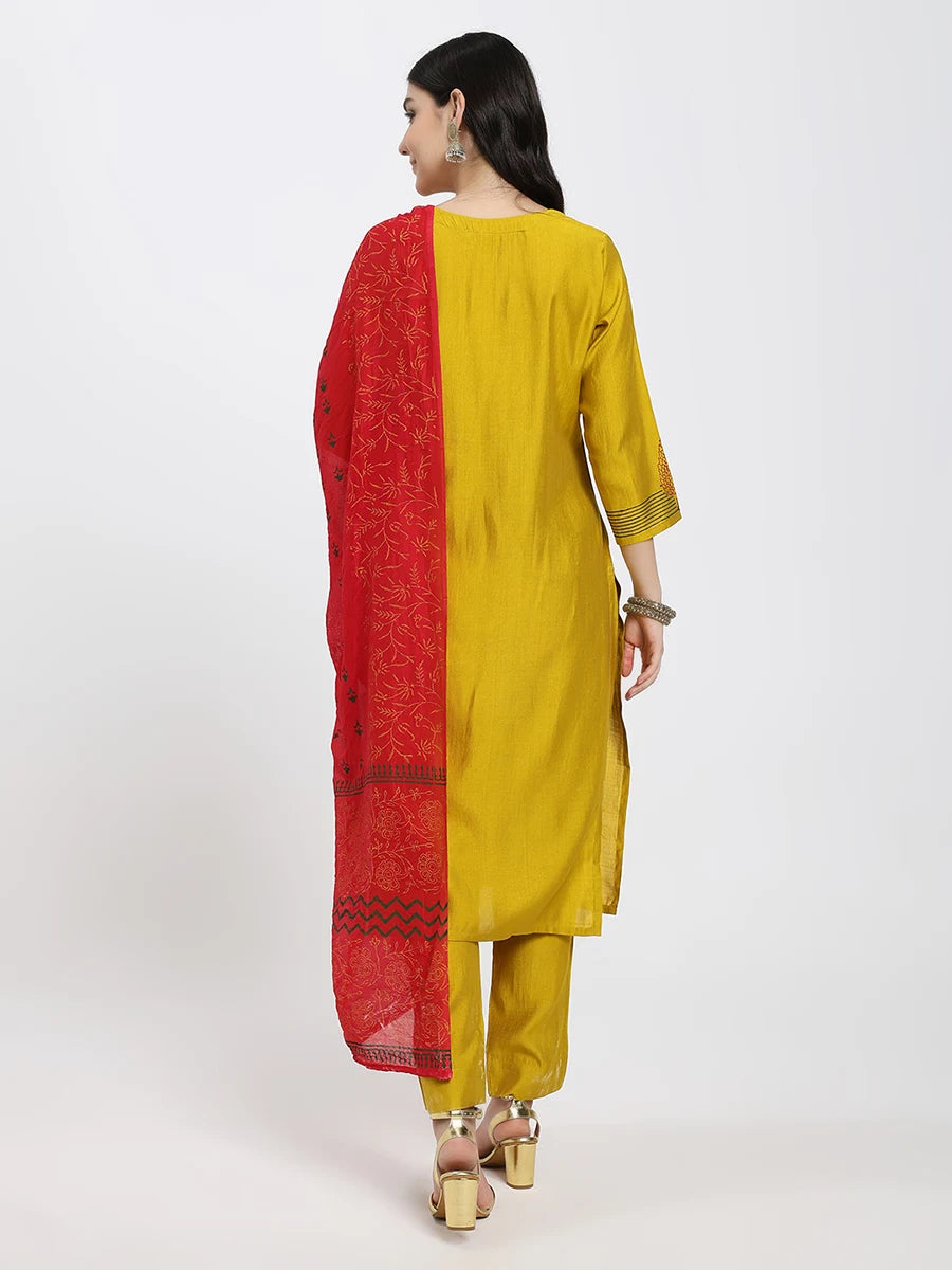Mustard Yellow Embroidered Kurta Set with Contrasting Red Printed Dupatta