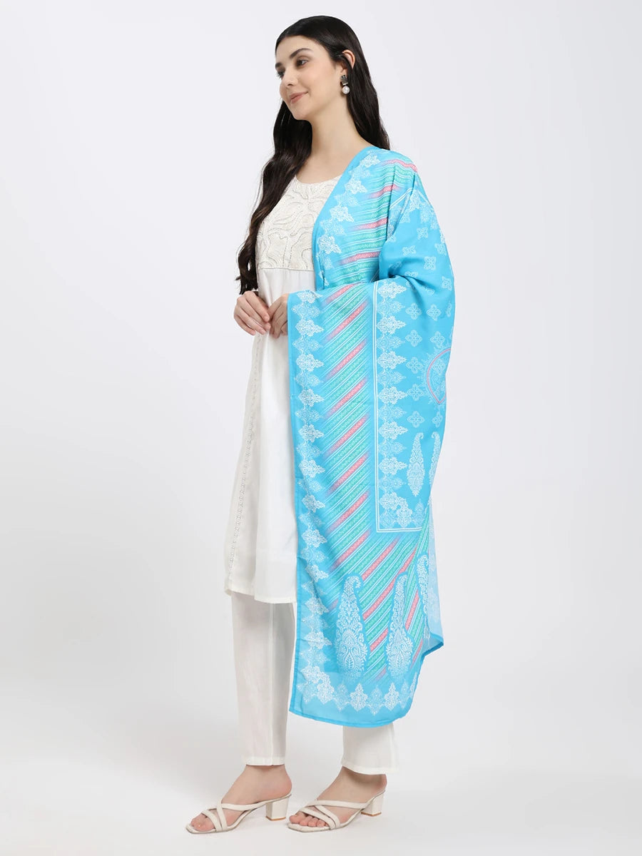White Embroidered Kurta Set with Blue Printed Dupatta