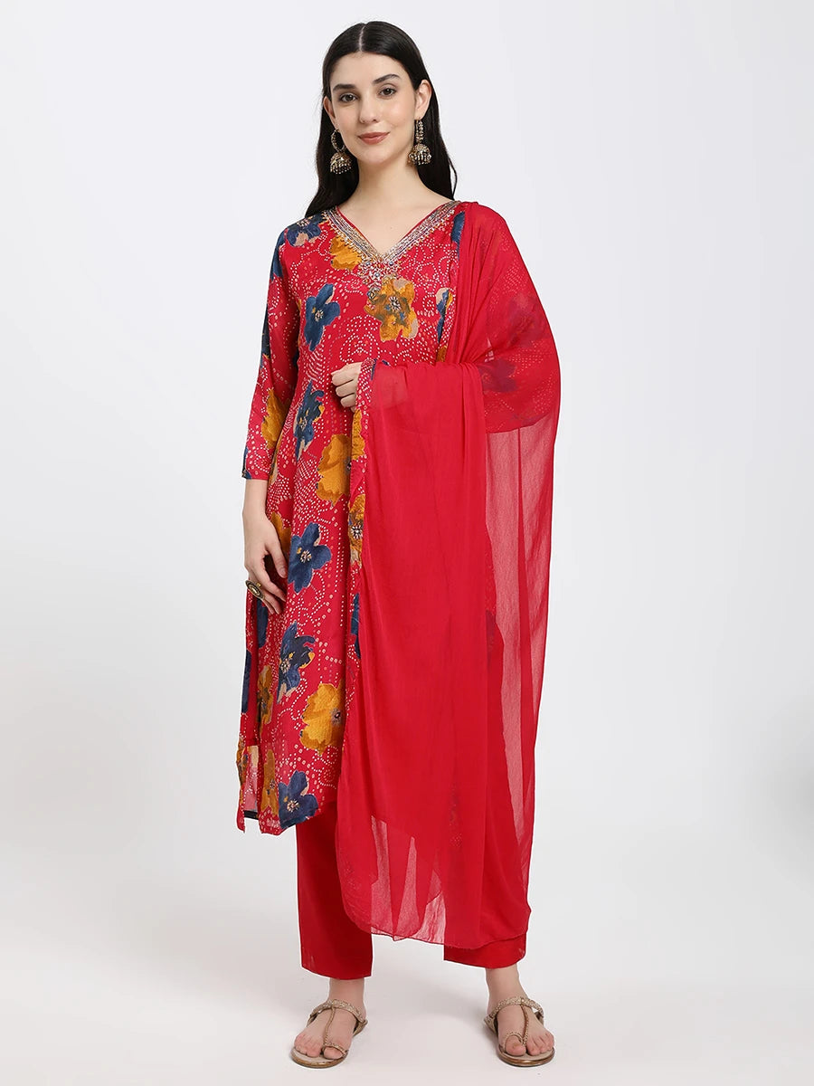 Pink Floral Printed Kurta with Straight Trousers & Solid Dupatta