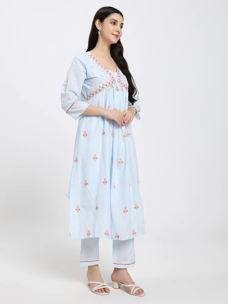 Elegant Sky-Blue Cotton Suit Set with Floral Embroidery and Dupatta
