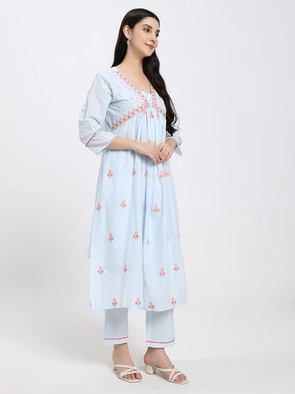 Elegant Sky-Blue Cotton Suit Set with Floral Embroidery and Dupatta