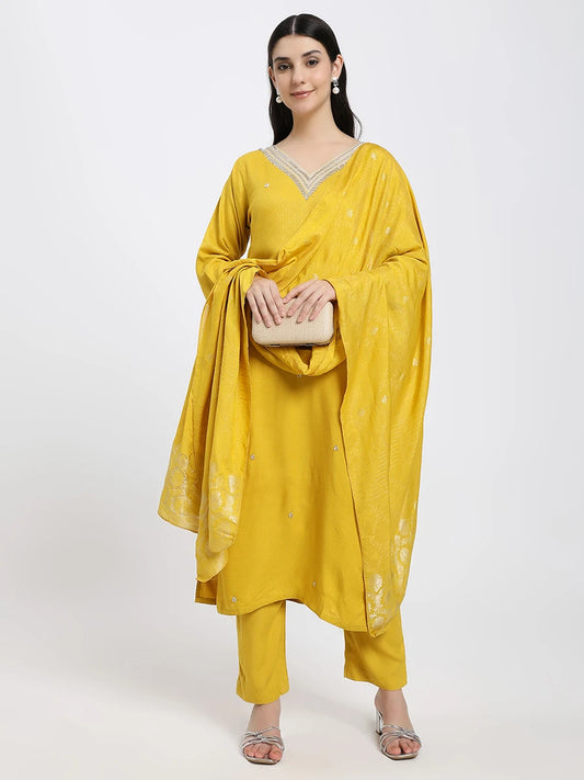 Mustard Yellow Embellished Kurta Set with Dupatta