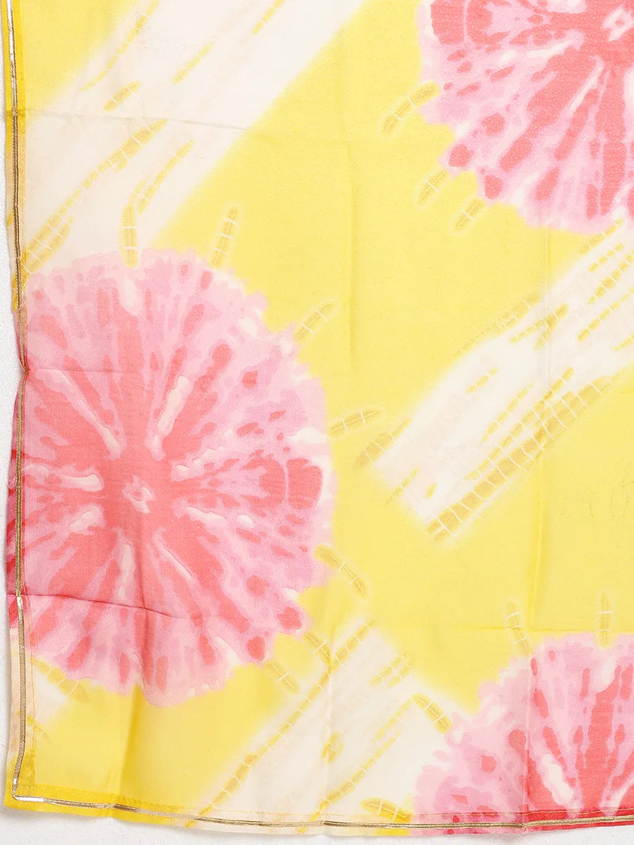 Bright Yellow Anarkali Suit Set with Abstract Floral Print and Dupatta