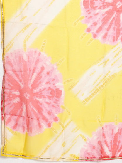 Bright Yellow Anarkali Suit Set with Abstract Floral Print and Dupatta