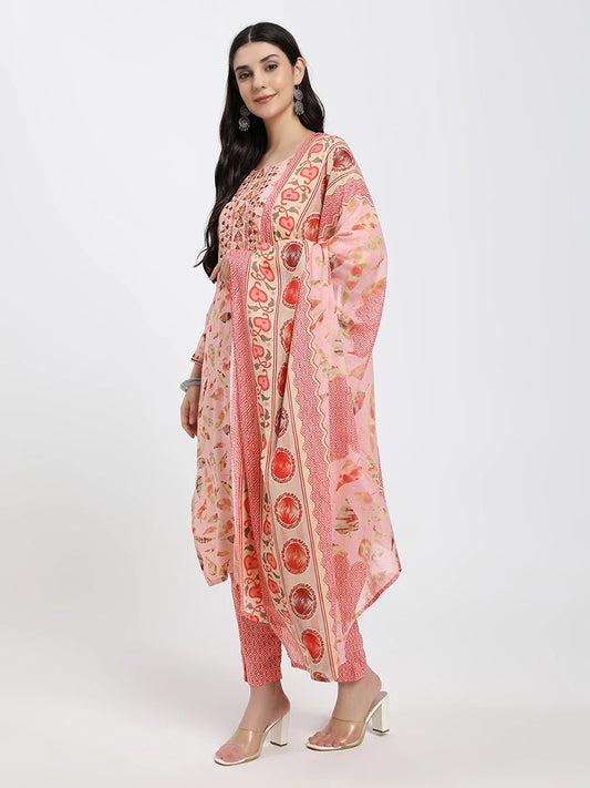 Peach Printed Straight Kurta Set with Matching Dupatta and Pants