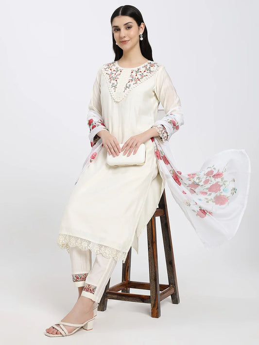 Silk blend Off-White Embroidered Straight Suit Set with Floral Dupatta