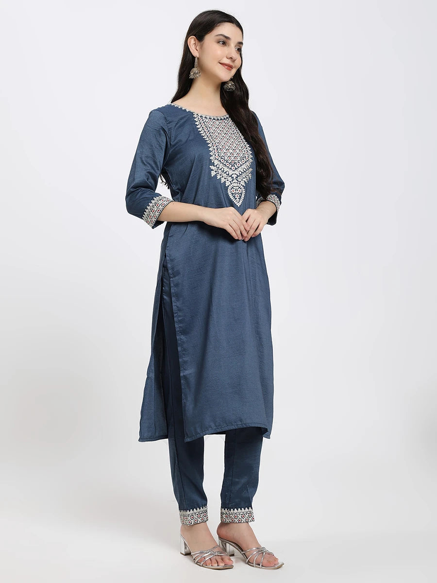 Elegant Navy Blue Embroidered Kurta with Straight Trousers & Striped Dupatta